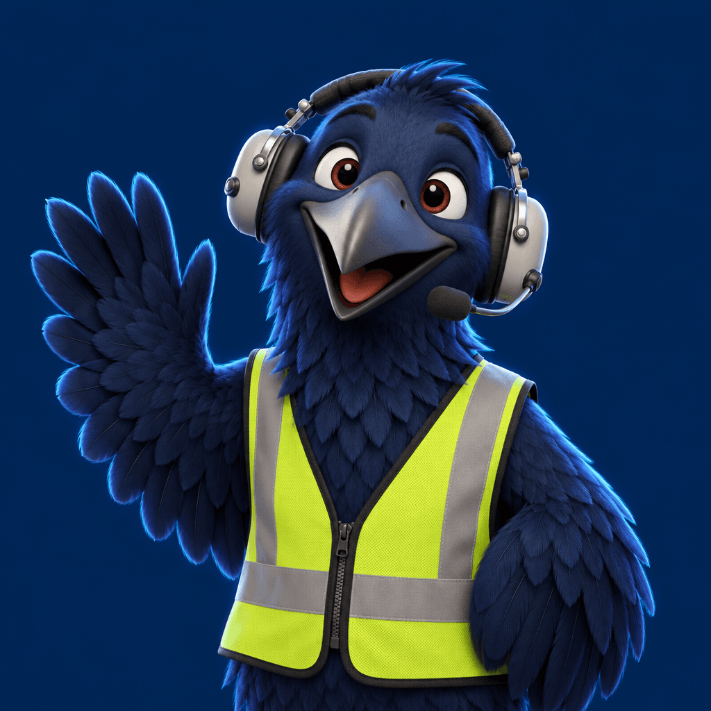 Corvi, the cuervo.aero mascot, waving