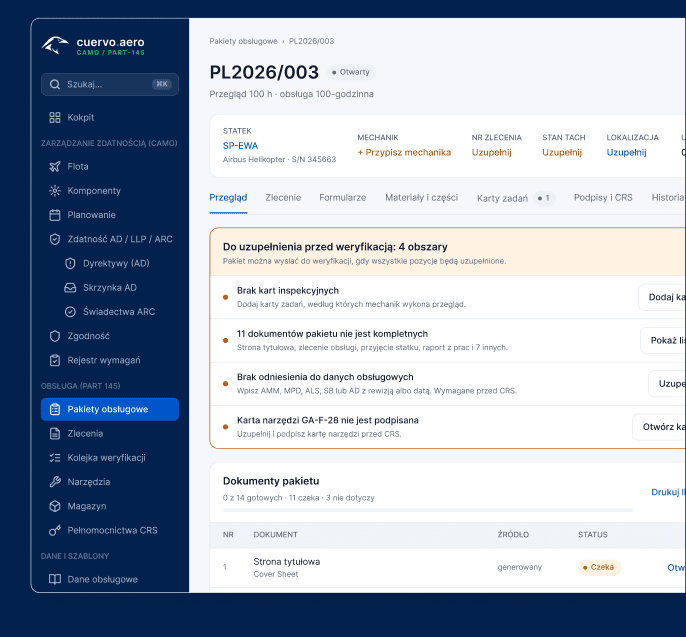 cuervo.aero – work package overview with items to complete before verification