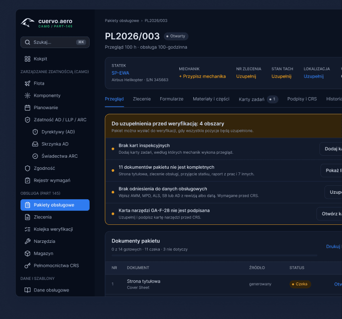 Work package overview listing the items to complete before verification