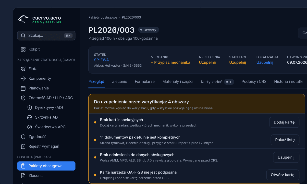Work package overview listing the items to complete before verification