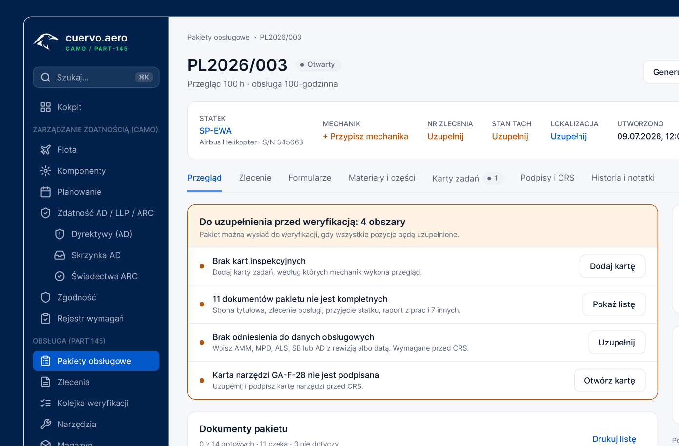 cuervo.aero – work package overview with items to complete before verification