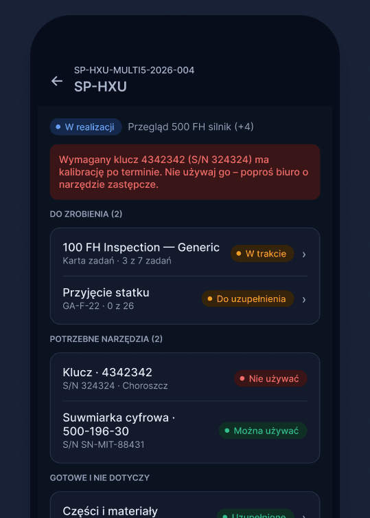 Mechanic’s phone view of a work package with job cards and required tools