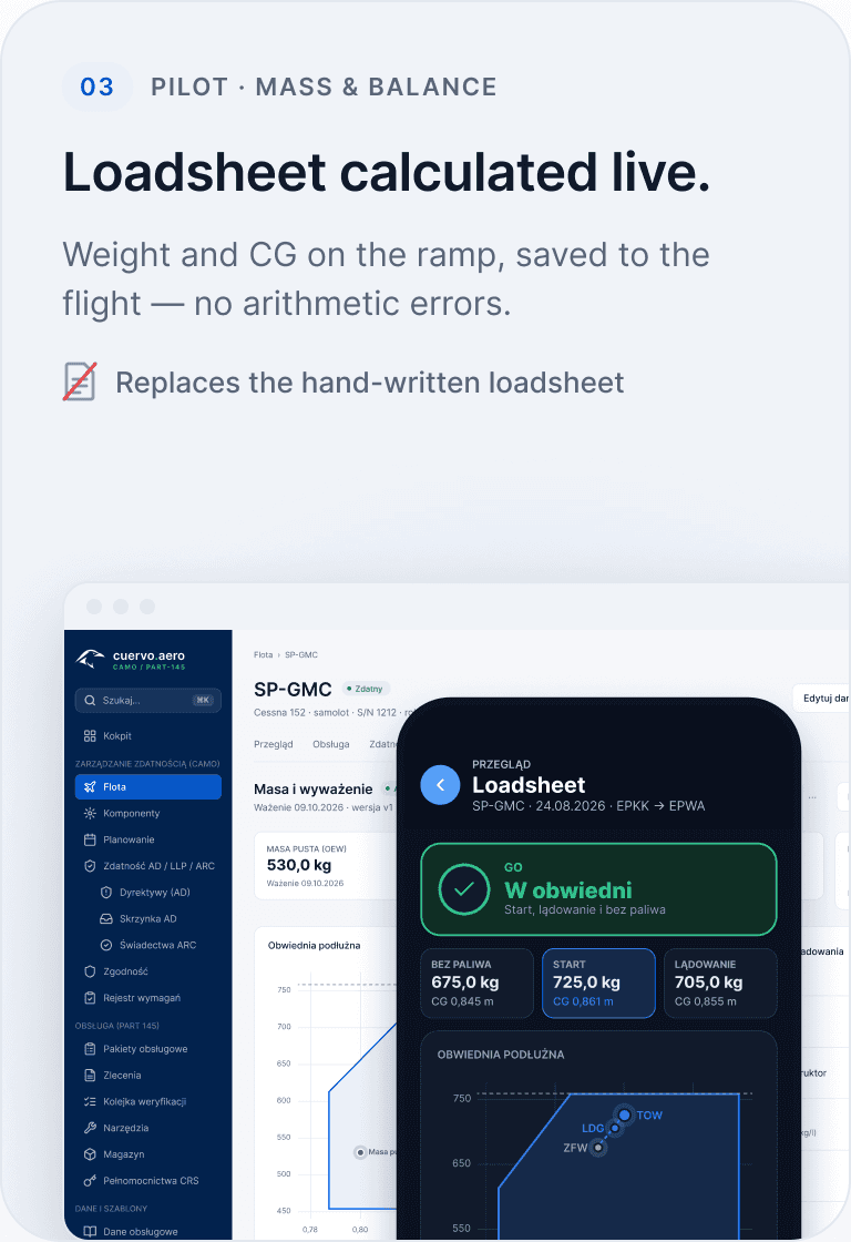 Mass and balance screen with the CG envelope and the loadsheet result on a phone