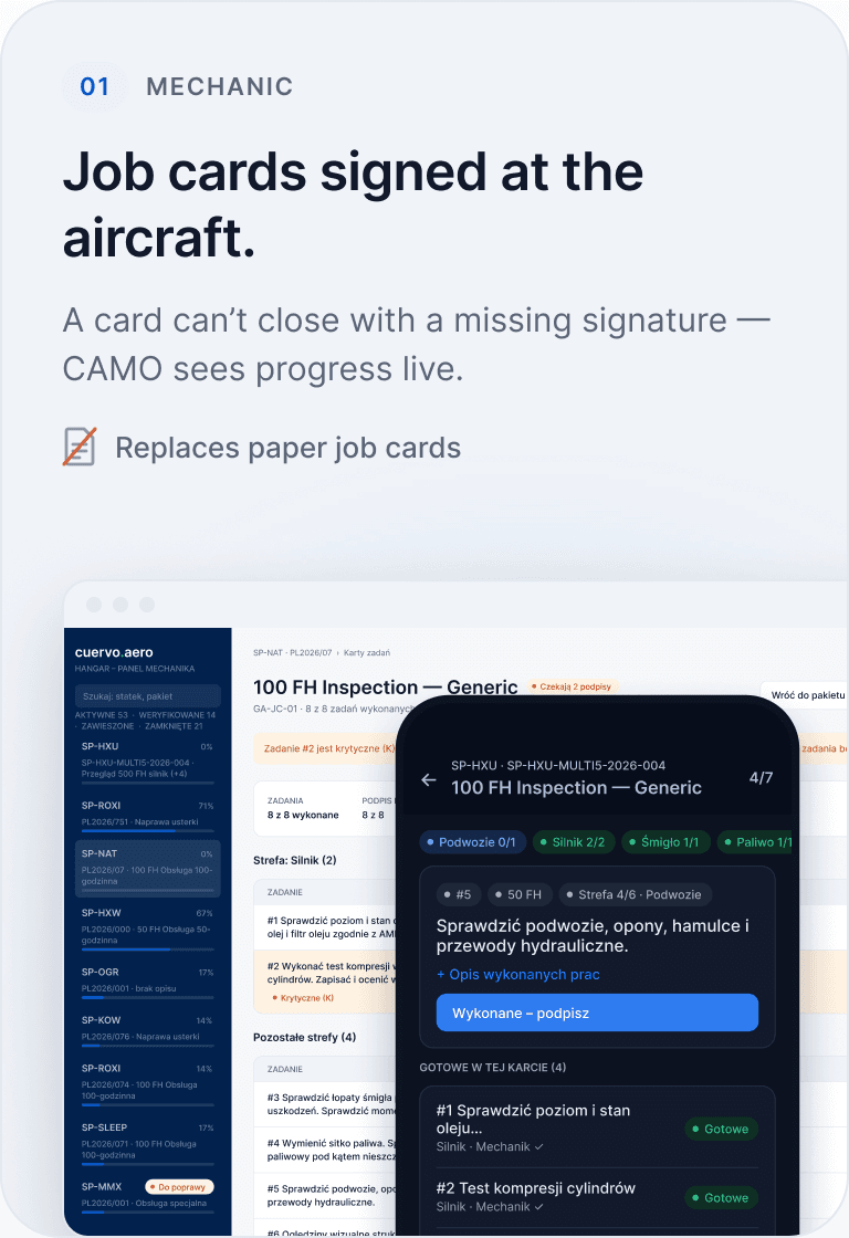 Mechanic job card in the hangar panel and on a phone