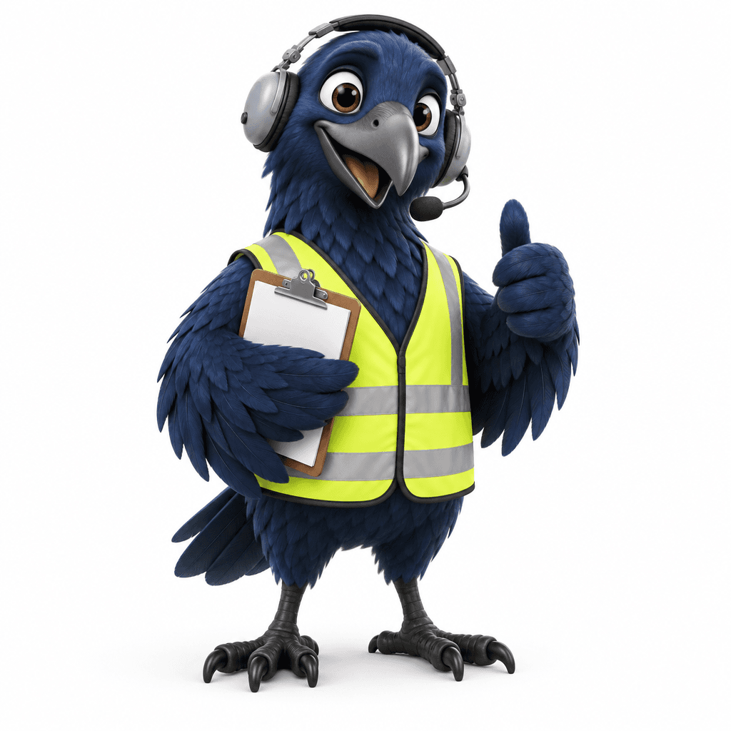 Corvi holding a job card and giving a thumbs-up