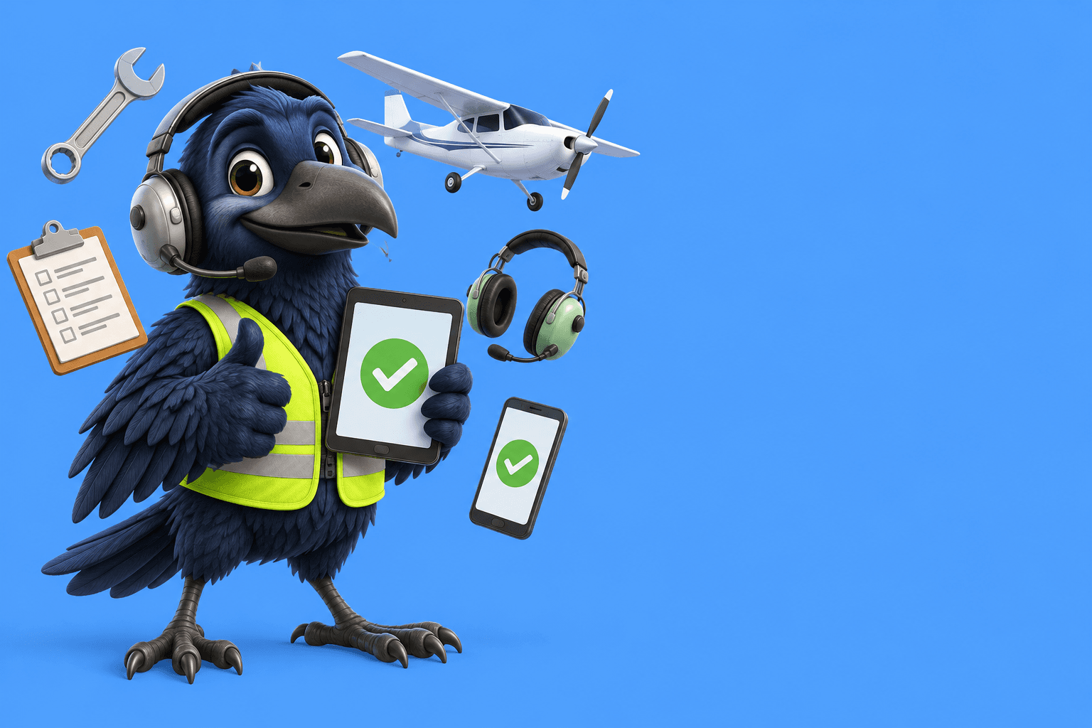 Corvi, the cuervo.aero raven mascot in a mechanic's headset and hi-vis vest, holding a tablet with a green check mark, surrounded by a wrench, a job card, an aircraft, a pilot headset and a phone