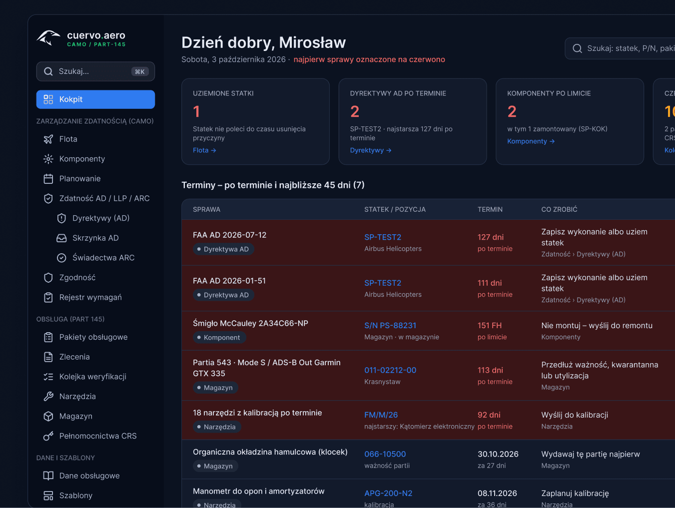 Maintenance control cockpit in the dark theme