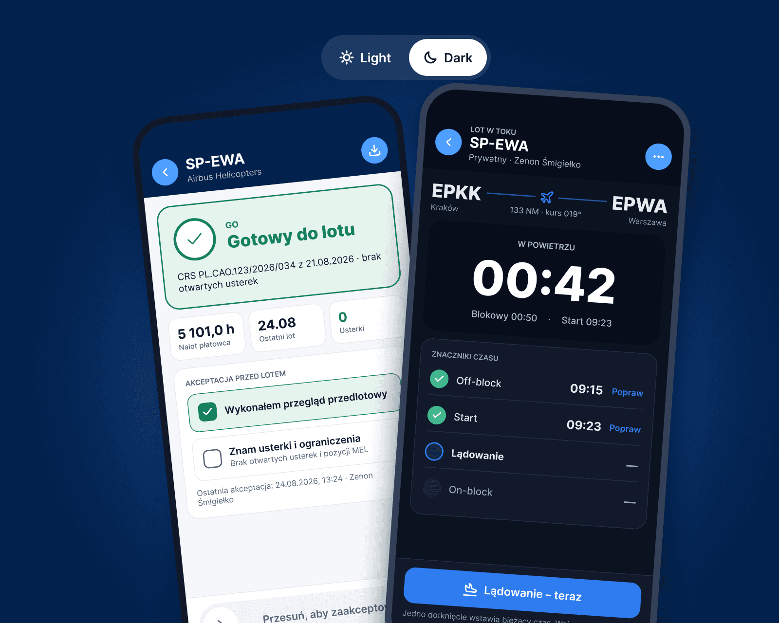 PDT on two phones: light theme with “Ready to fly” and the pre-flight acceptance, dark theme with a flight in progress and time stamps