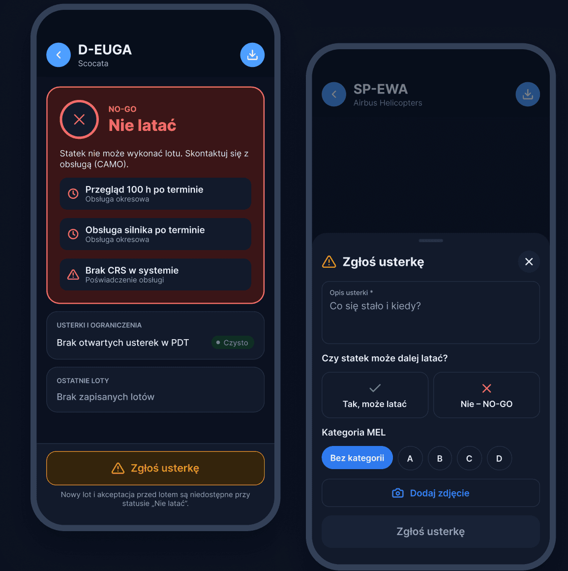 PDT in dark theme: aircraft with “Do not fly” status and its reasons, next to the defect report sheet asking whether the aircraft can still fly
