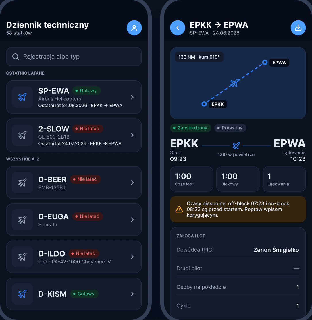 PDT aircraft list and flight summary in the dark theme