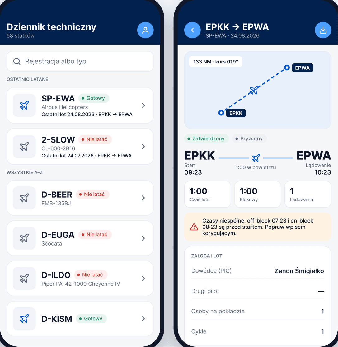 PDT aircraft list and flight summary in the light theme