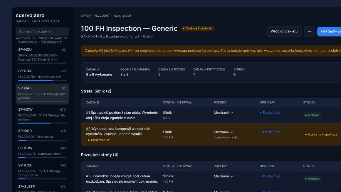 Cuervo work package – job cards with tasks, zones and signature statuses