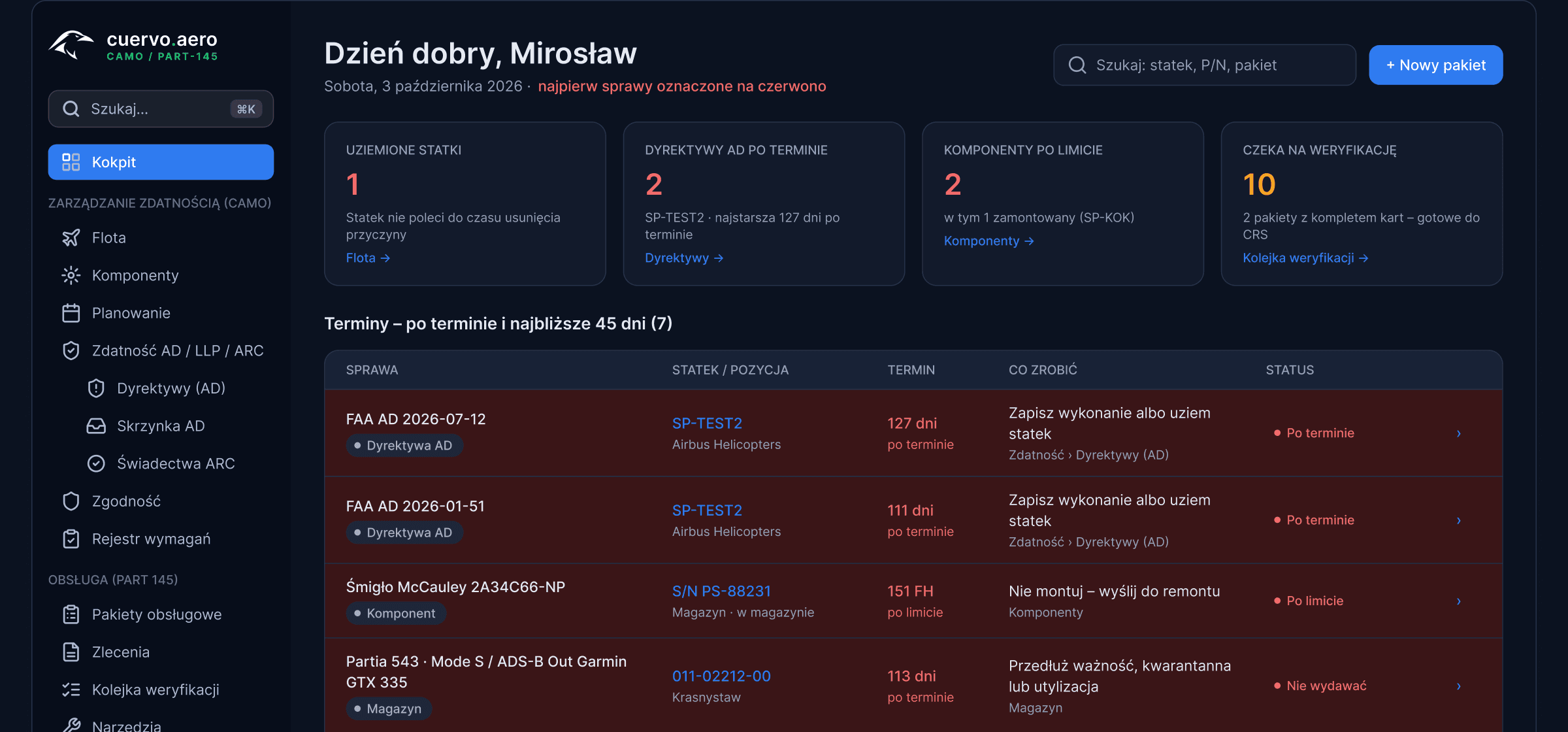 cuervo.aero dashboard: grounded aircraft, overdue AD directives, components over limit and packages waiting for review
