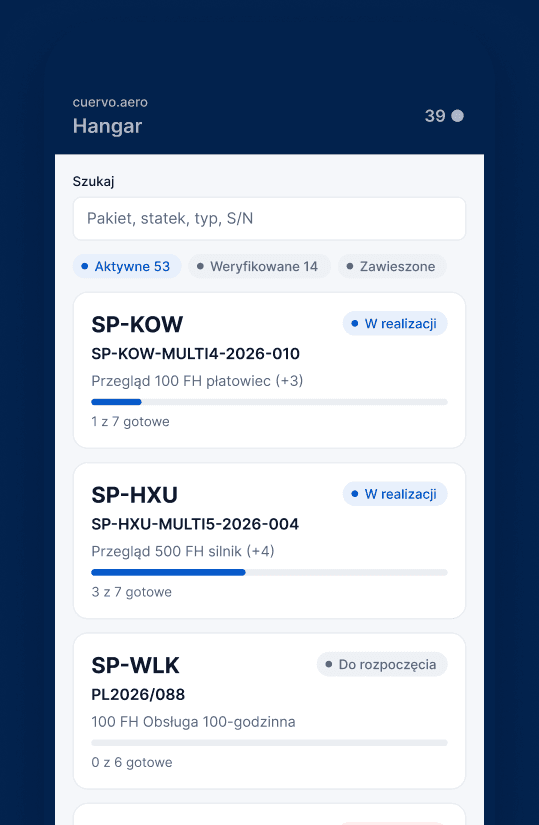 Hangar view on a phone: the mechanic's list of active maintenance packages with progress