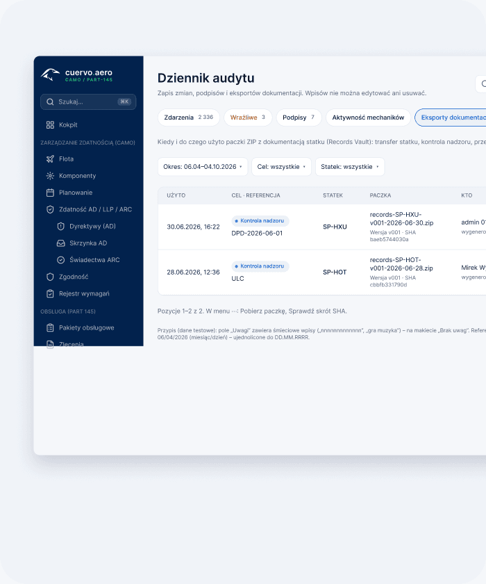 Audit log with documentation exports of the aircraft records